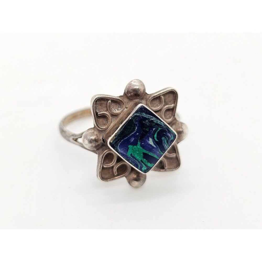 Mexican Sterling Silver & Polished Semi-Precious Gemstone Ring Size 7.5